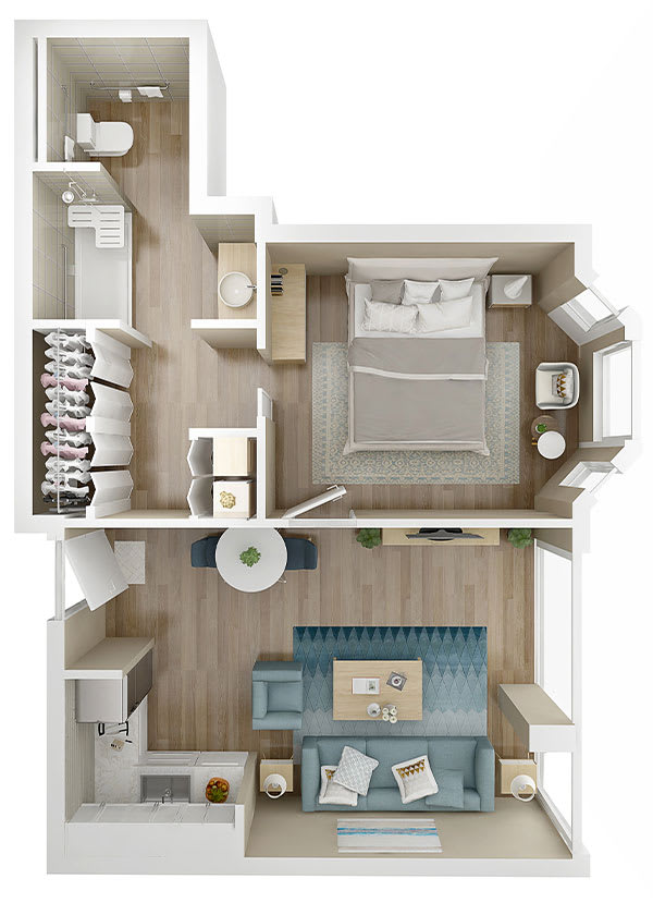 A 3D floor plan of a one-bedroom apartment featuring a living room, kitchen, and bathroom.