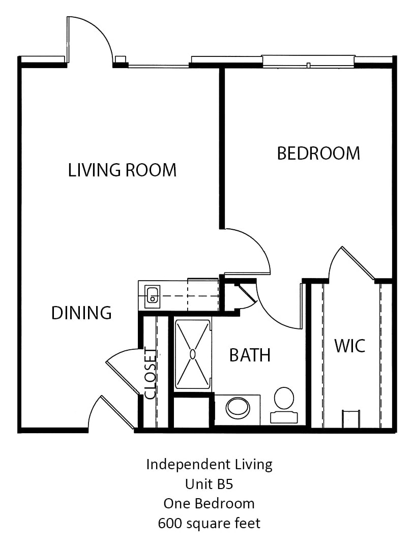 A floor plan of a one-bedroom apartment featuring a living room, dining area, bathroom, and walk-in closet.