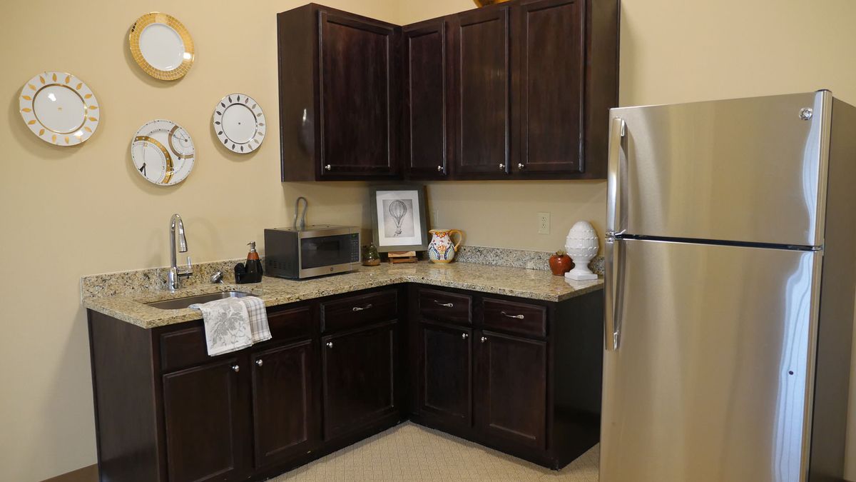 A modern kitchen with dark cabinets and a granite countertop featuring a microwave, refrigerator, and decorative items.