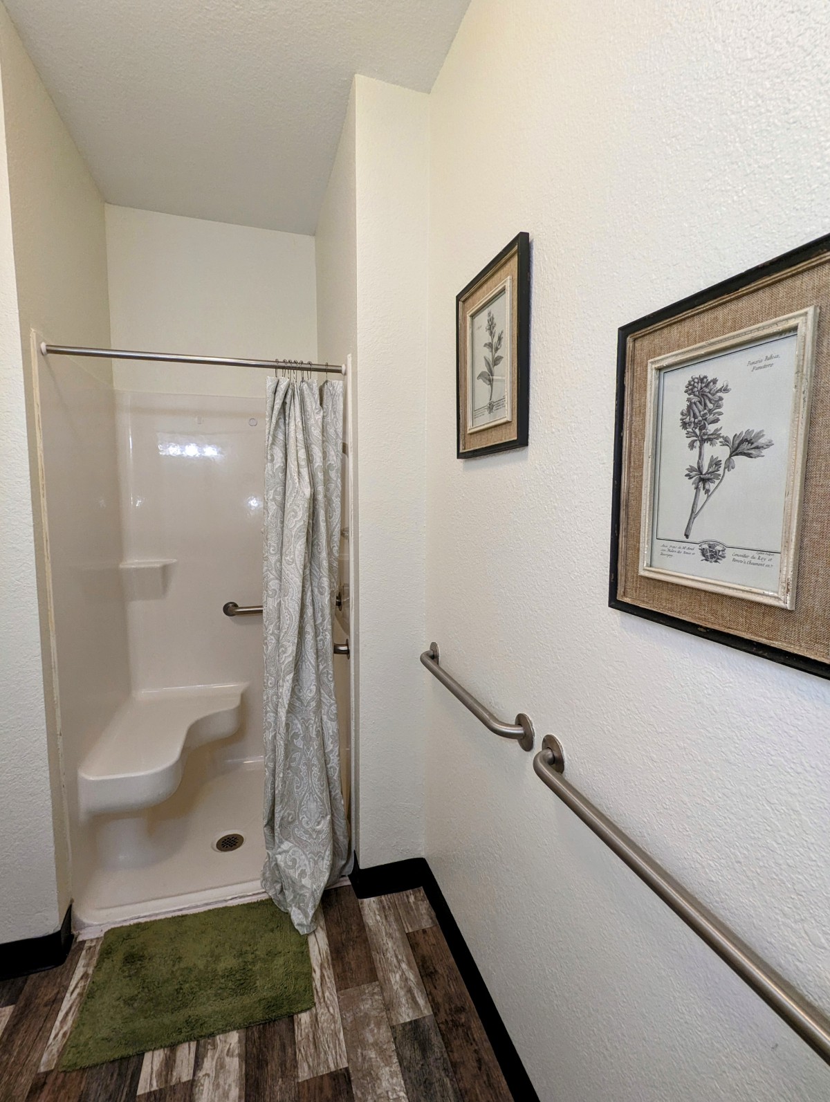 A small bathroom with a shower, curtain, handrails, and framed artwork on the wall.