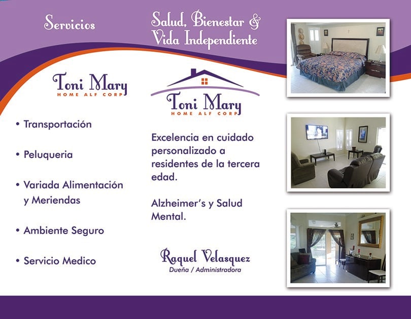 A brochure for a senior living facility outlining care services and accommodations.