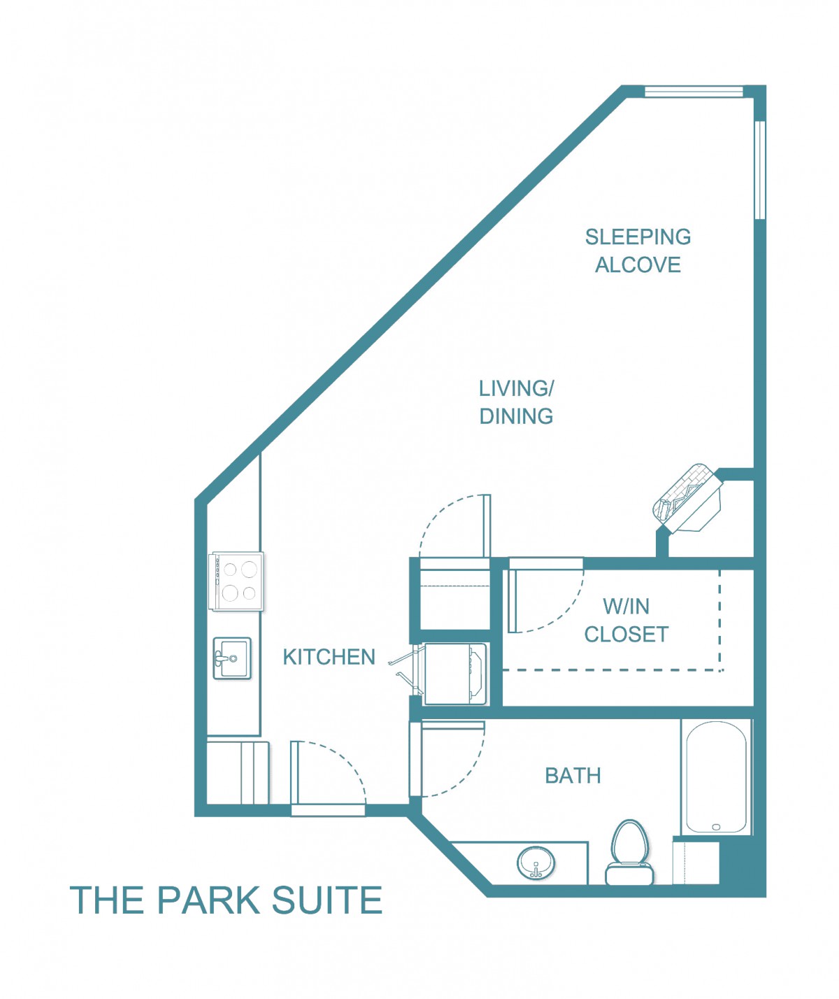 The Park Suite floor plan showcasing a sleeping alcove, living/dining area, kitchen, and bath.