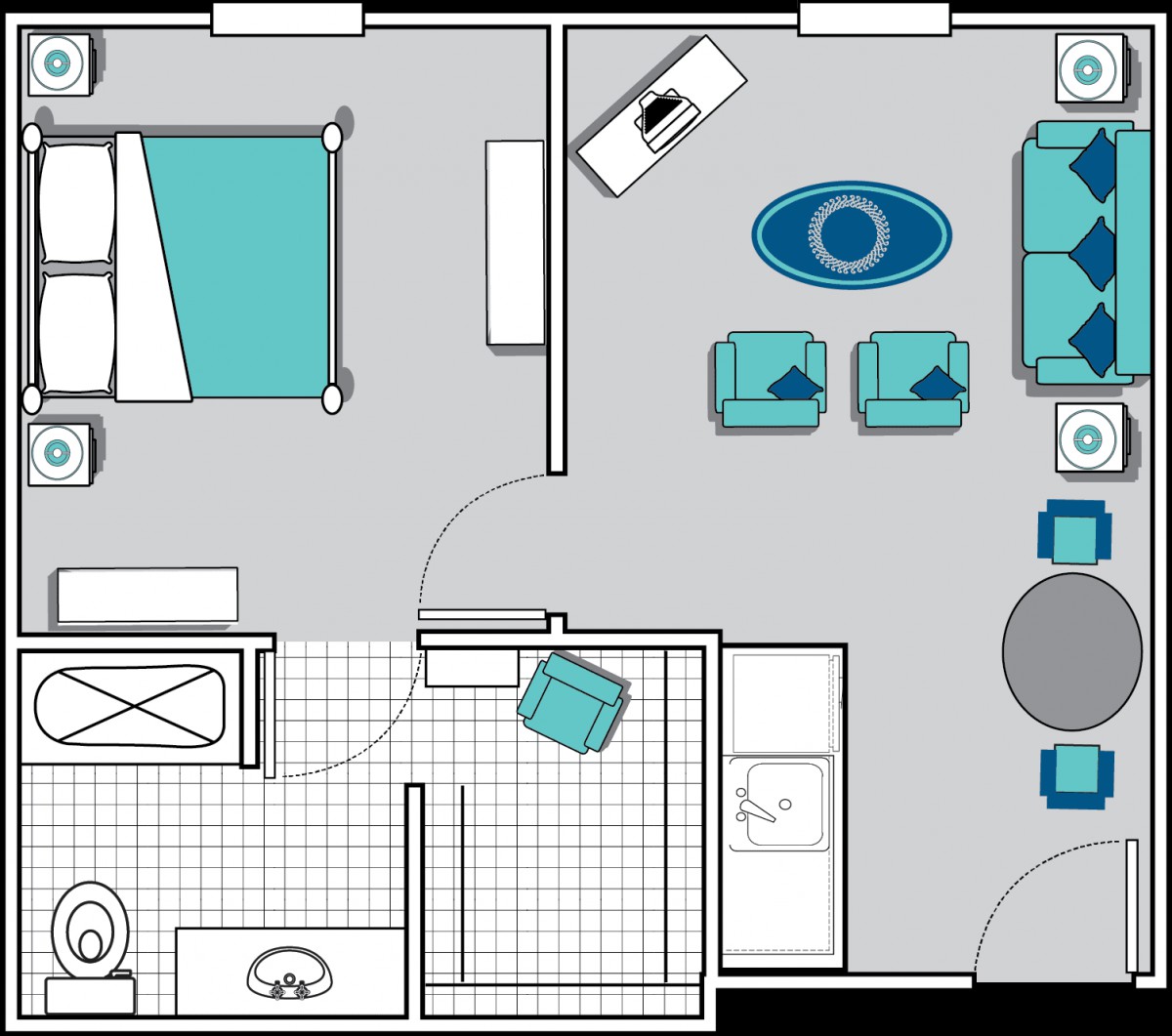 A floor plan of an apartment showing a bedroom, living room, and bathroom with furniture layout.