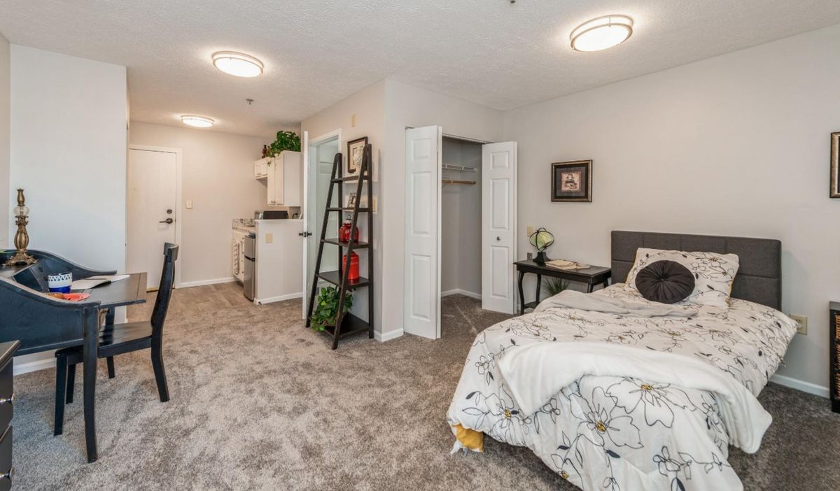 A modern bedroom with a bed, open closet, and decorative elements.
