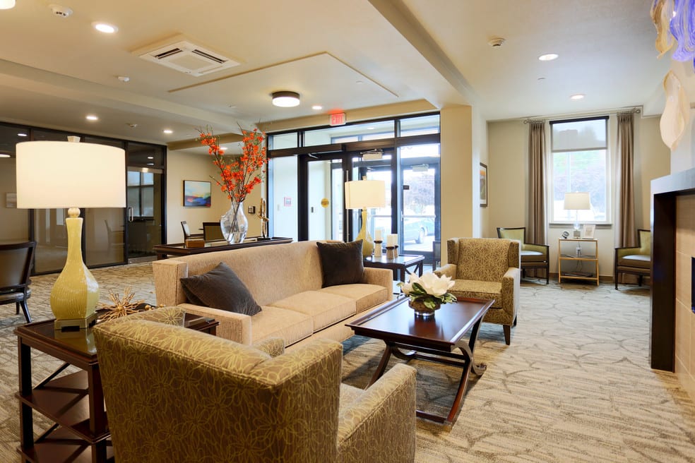 A modern lobby with comfortable seating and stylish decor.