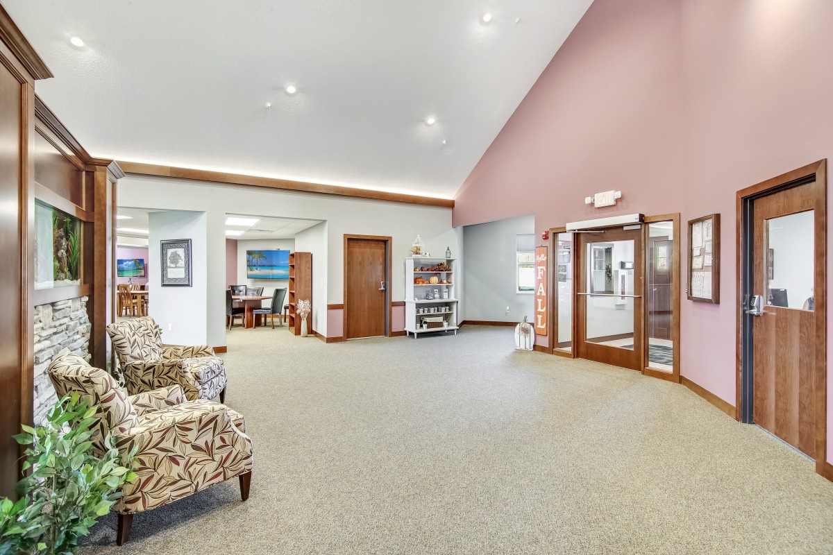 Spacious lobby with comfortable seating and a warm ambiance.