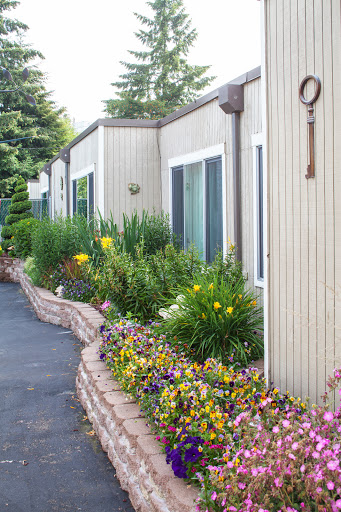 A beautifully landscaped area beside a residential building, featuring vibrant flowers and greenery.