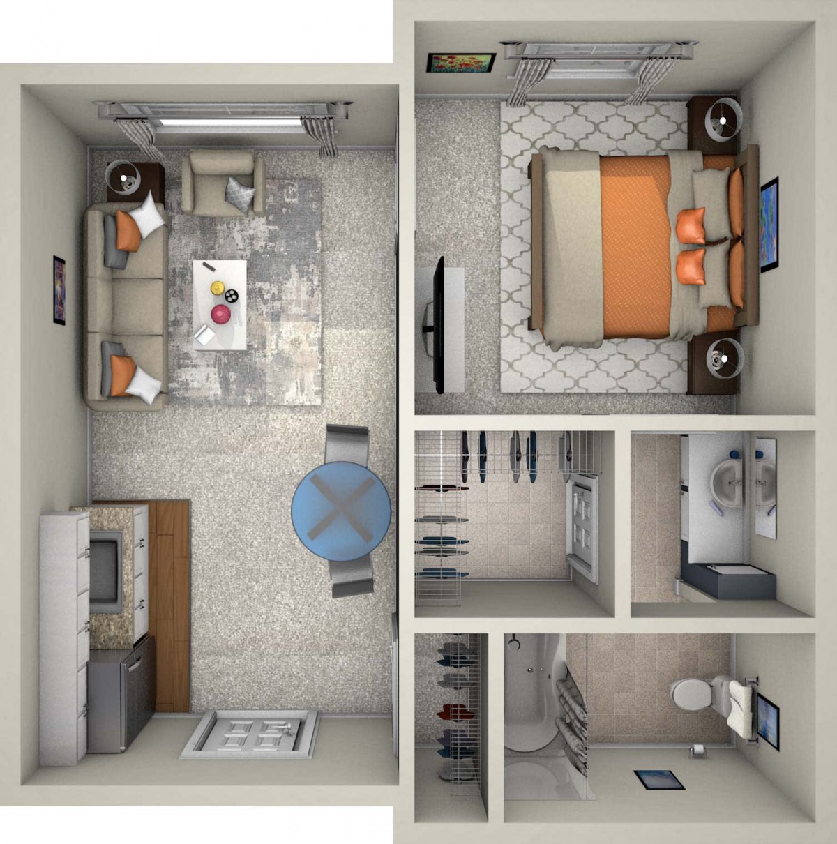 A top-down view of a floor plan featuring a one-bedroom apartment with a living room, kitchen, and bathroom.