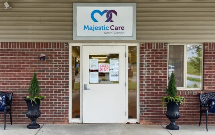 The entrance to Majestic Care with a clear sign above the door.