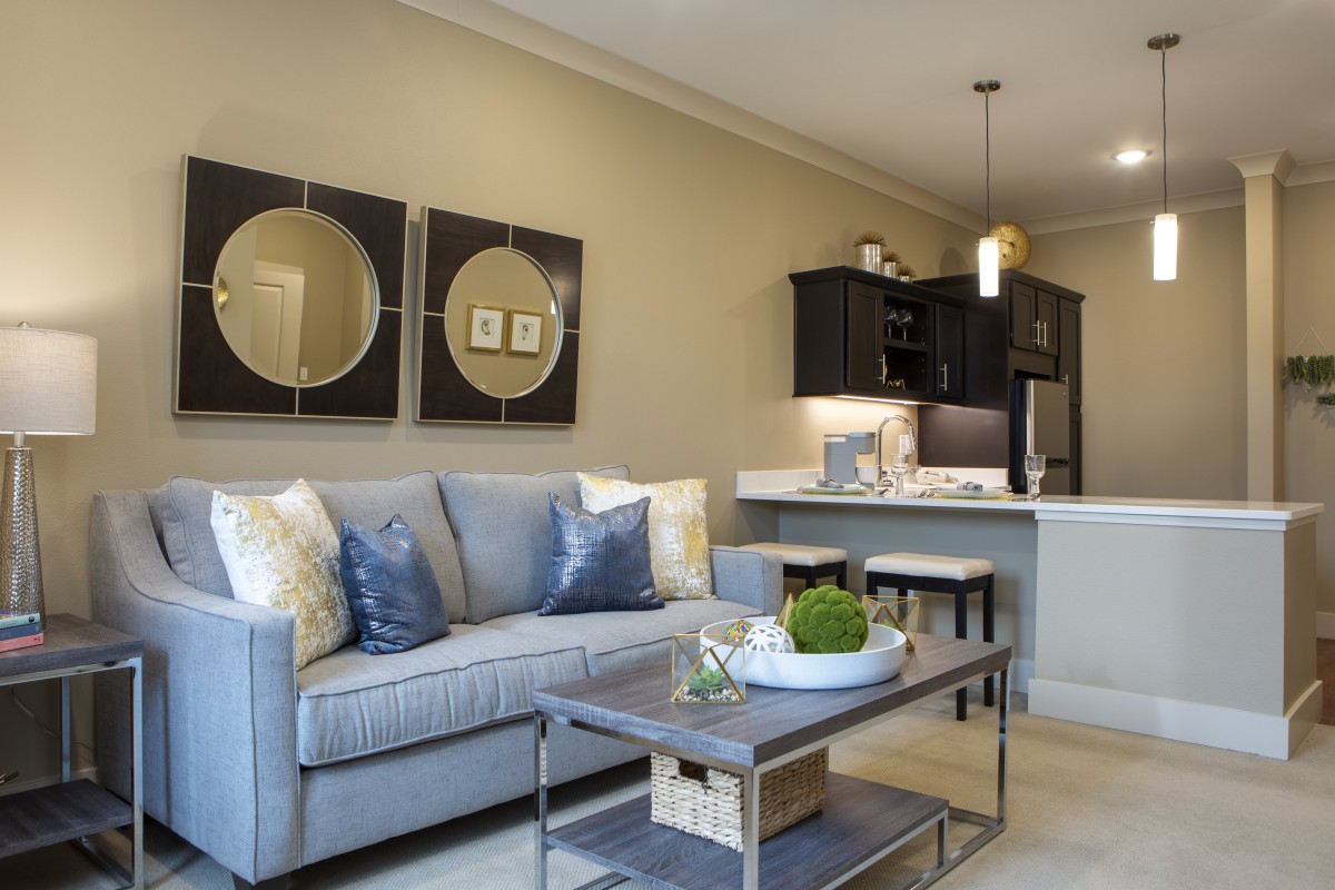 A cozy living room with a gray sofa, decorative pillows, a coffee table, and wall art adjacent to an open kitchen.