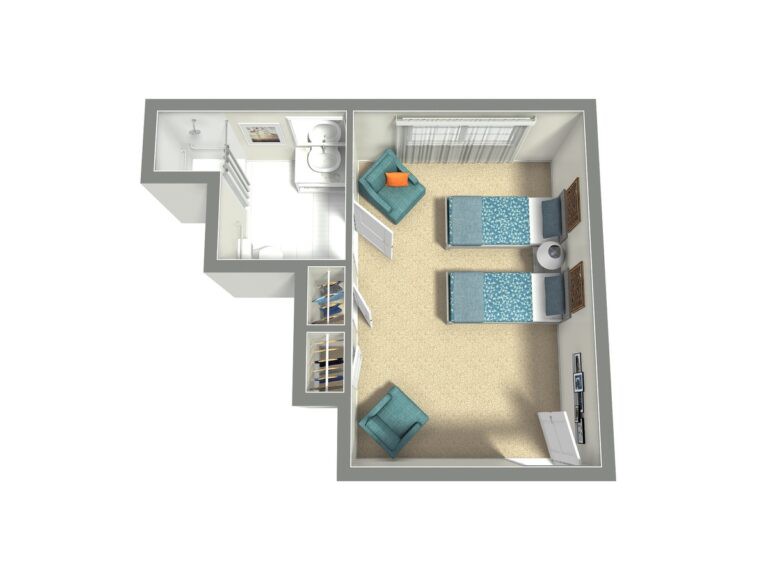 3D floor plan of a twin bedroom with two beds and seating area.