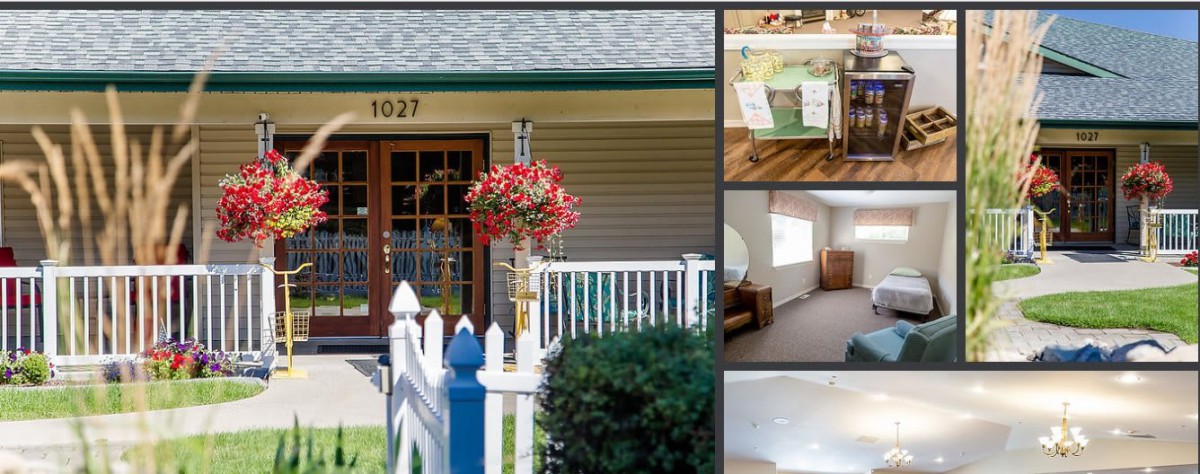 A collage of a house featuring the exterior with a porch and several interior rooms.