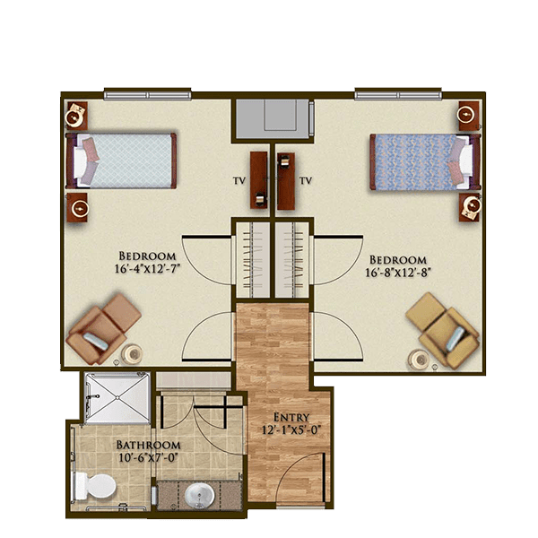 A schematic floor plan of a small apartment featuring two bedrooms, a shared bathroom, and a main living area.