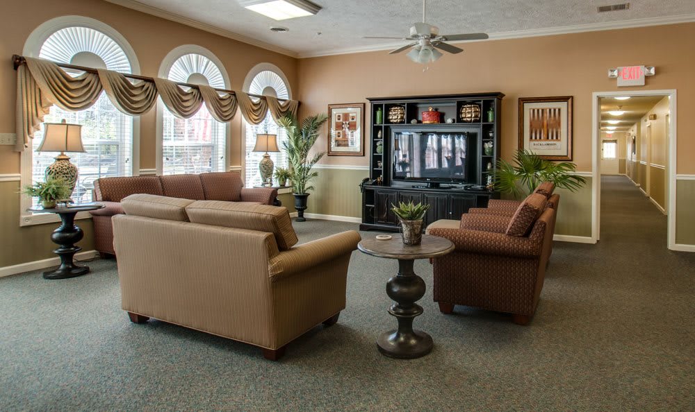 A cozy living room with sofas and a television, featuring large windows and tasteful decor.