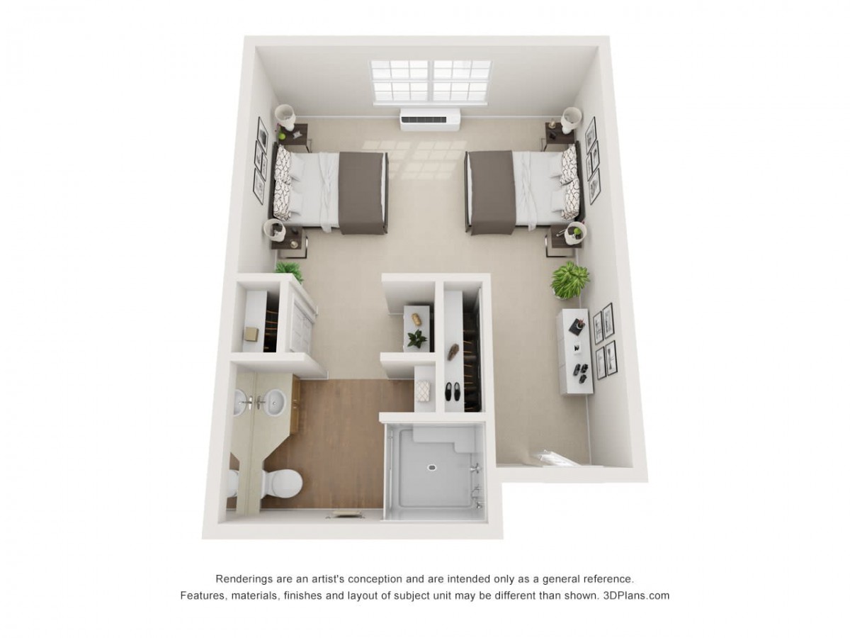 A top-down view of a simple two-bed apartment floor plan, showcasing a shared bedroom with a bathroom and storage space.