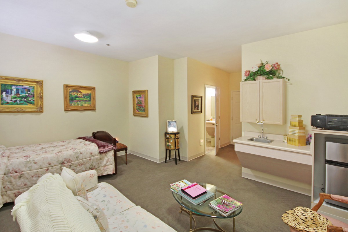 A cozy living space with a sofa, bed, and decorative elements.