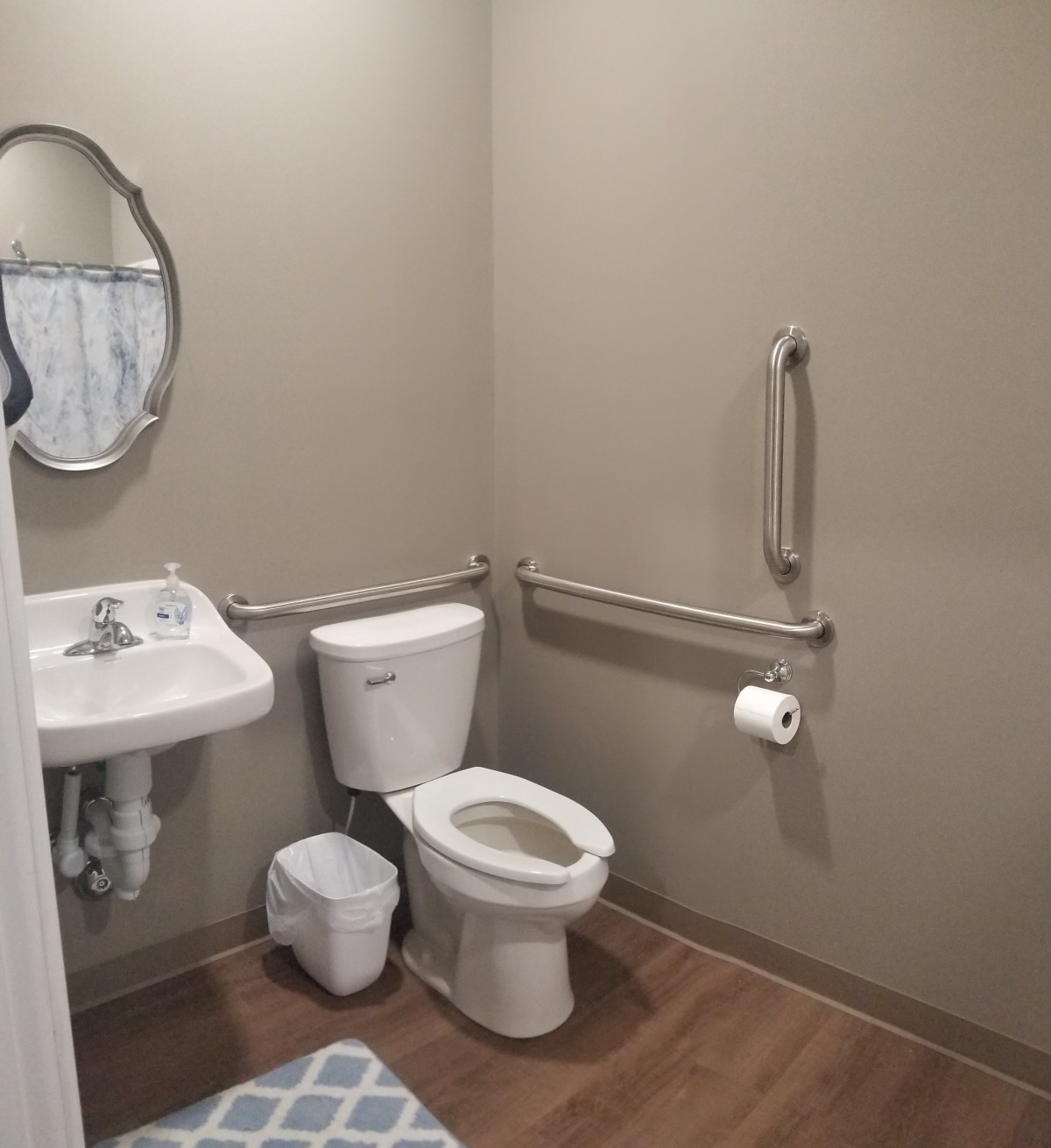 A clean bathroom with a toilet, sink, mirror, and handrails.