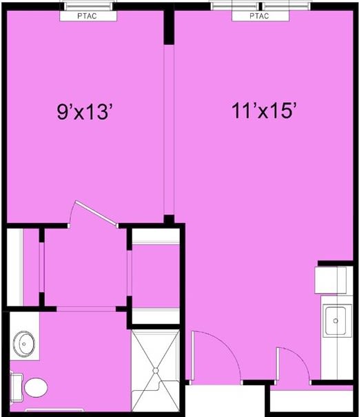 A floor plan showing a two-room apartment with dimensions labeled as 9'x13' and 11'x15'.