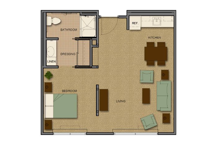 A floor plan of a one-bedroom apartment featuring a bedroom, living room, kitchen, and bathroom.