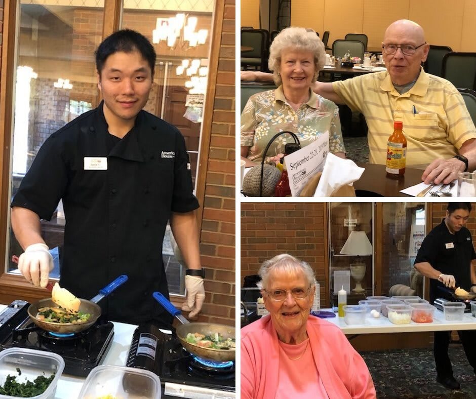 A chef prepares a meal while seniors enjoy their time at a community event.