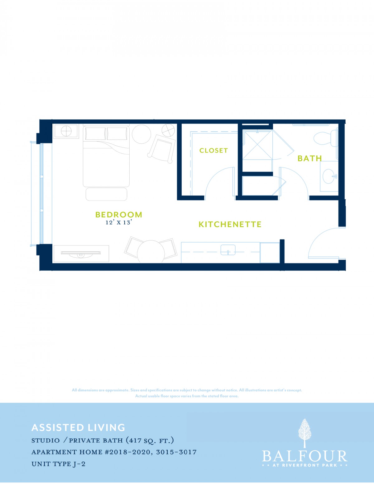 A floor plan of a small apartment, showing the bedroom, kitchen/dining area, and bathroom.