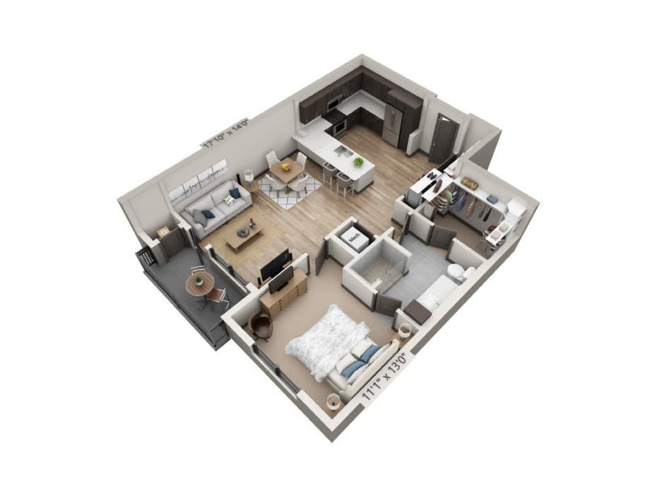 3D floor plan of a modern apartment featuring one bedroom, an open living and dining area, kitchen, and bathroom.