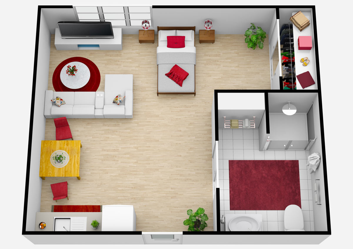 Modern open-plan apartment layout with living, dining, and bedroom areas.