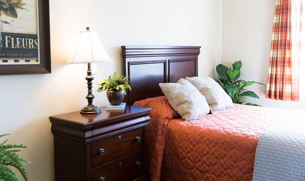 A cozy bedroom with a wooden nightstand, lamp, and potted plants.