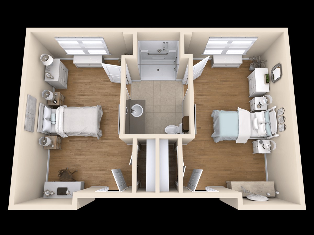 An overhead view of a two-bedroom apartment floor plan with a shared bathroom in the center.