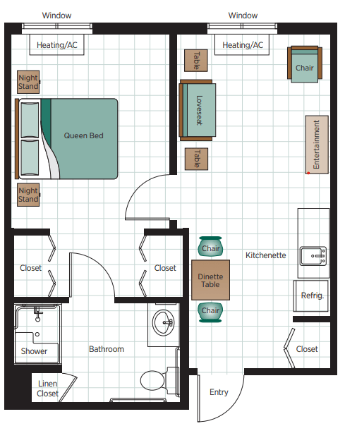 A floor plan of a one-bedroom apartment featuring a living room, kitchen, bathroom, and closets.