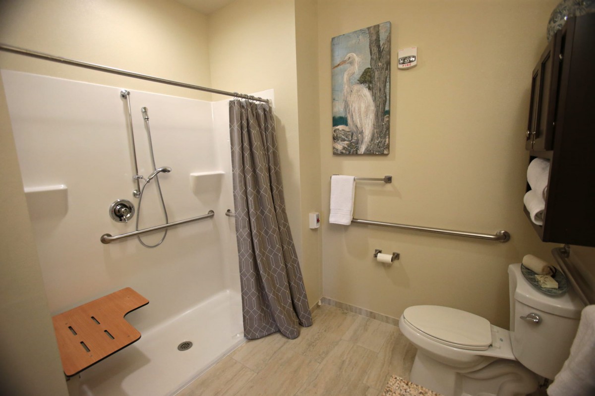 An accessible bathroom equipped with a shower, grab bars, and modern amenities.