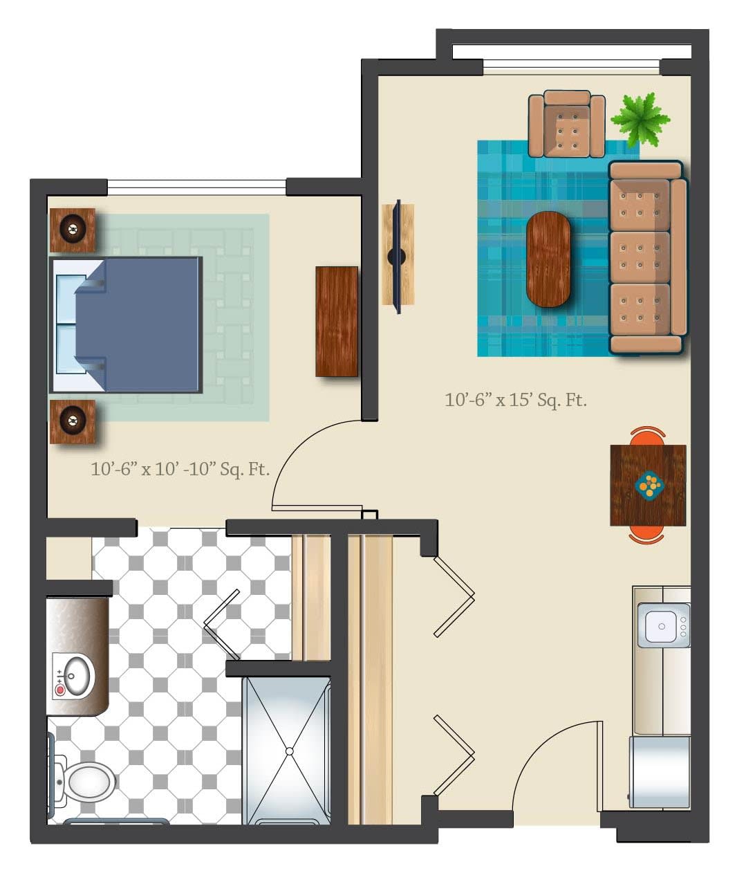 A floor plan of a one-bedroom apartment featuring a living room, kitchen, and bathroom.