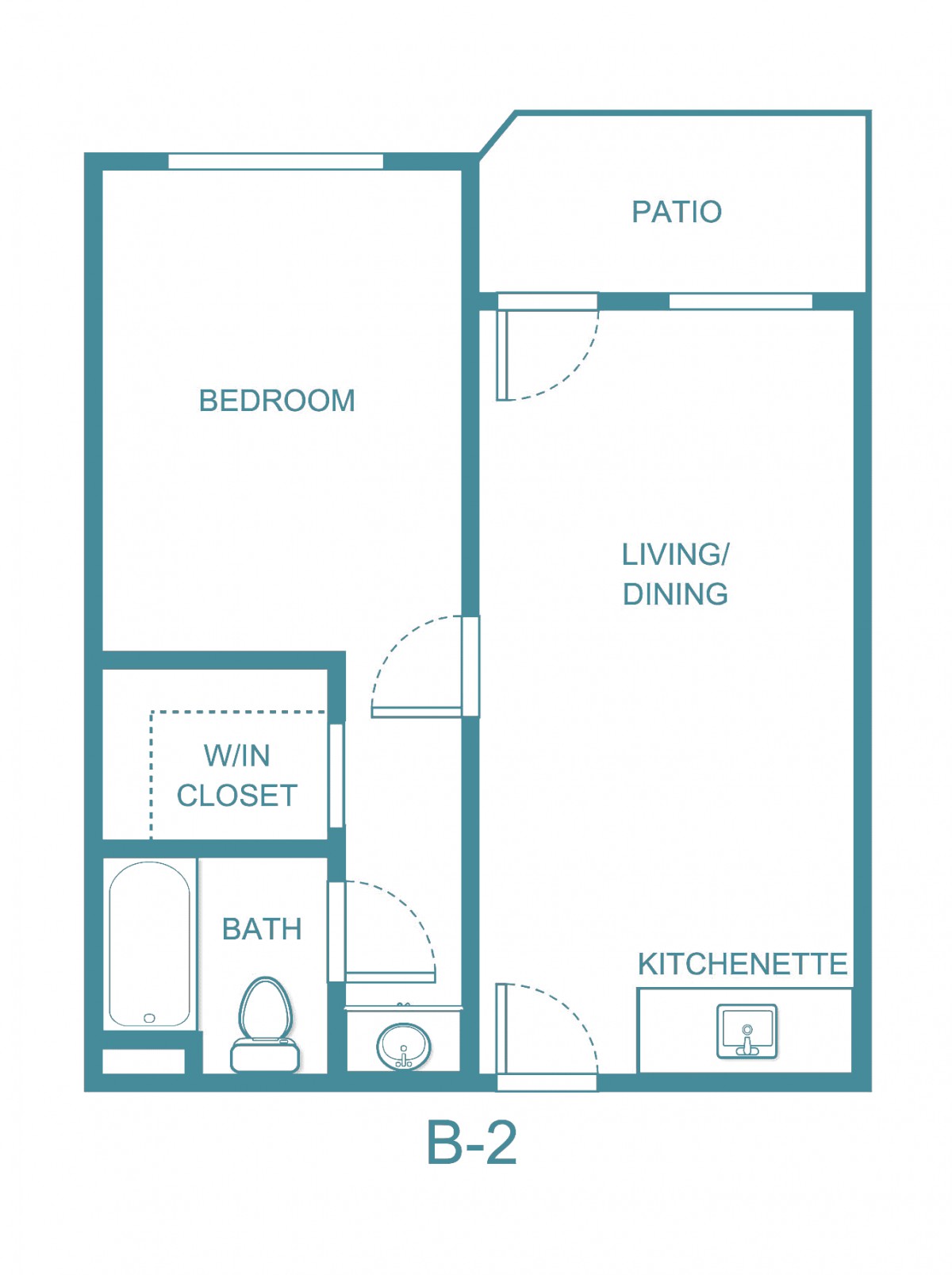 A simple floor plan of a one-bedroom apartment with a living/dining area, kitchenette, bathroom, walk-in closet, and patio.