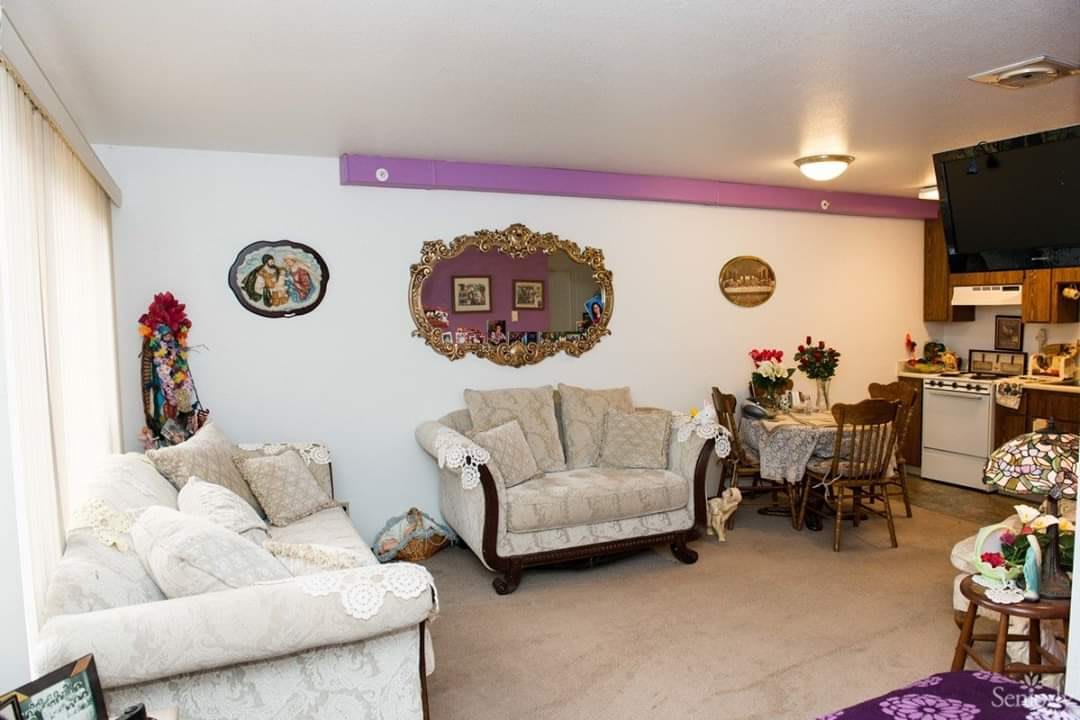 A cozy living room with elegant sofas and a dining area.