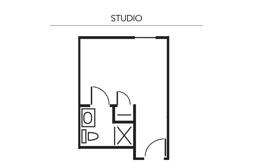 A simple studio apartment floor plan with a bathroom.