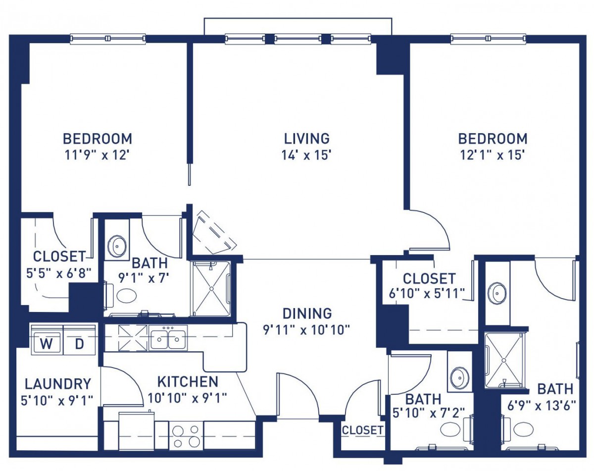 Blueprint of a two-bedroom apartment with living, dining, kitchen, and bathroom areas.
