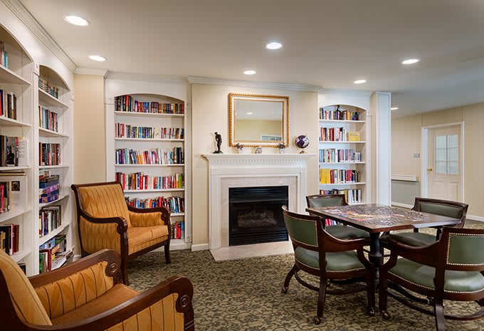 A cozy living room with a fireplace, surrounded by bookshelves and comfortable seating.