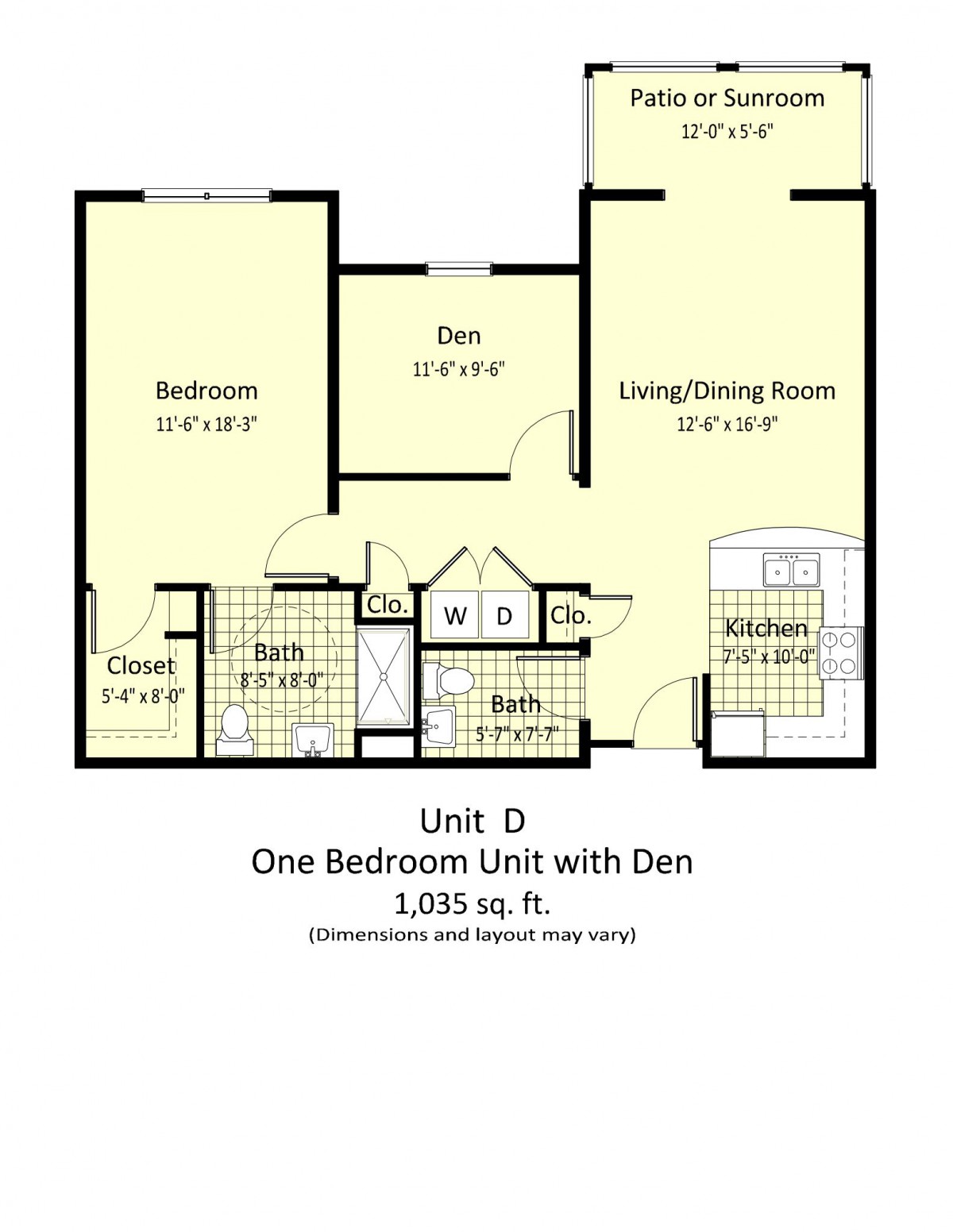 Floor plan for Unit D: One Bedroom Unit with Den, total area of 1,056 sq. ft.
