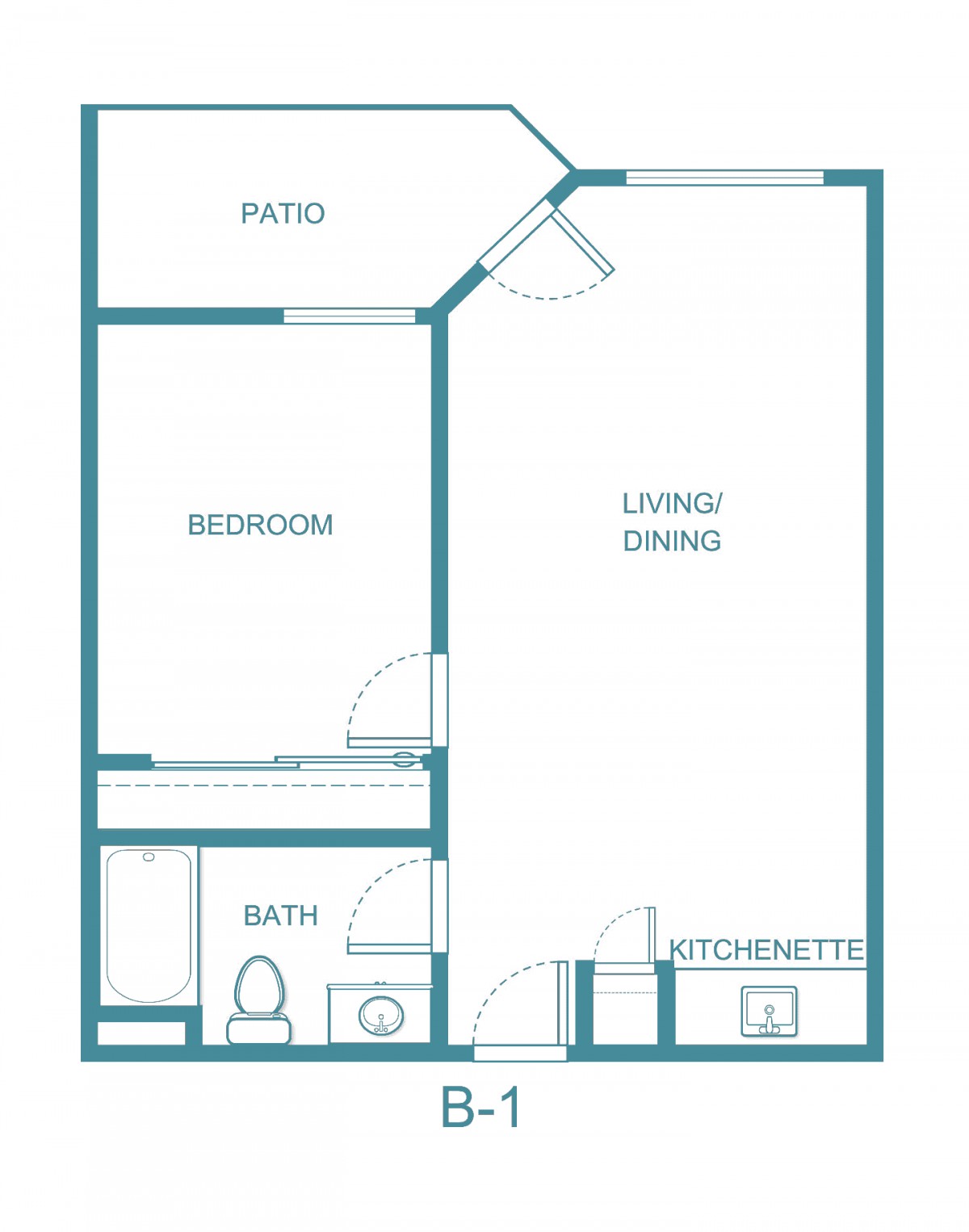 A one-bedroom apartment floor plan featuring a living/dining area, kitchenette, bathroom, and patio.
