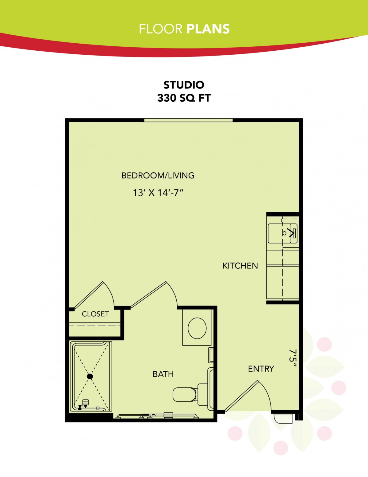 Floor plan of a 330 sq ft studio apartment layout.
