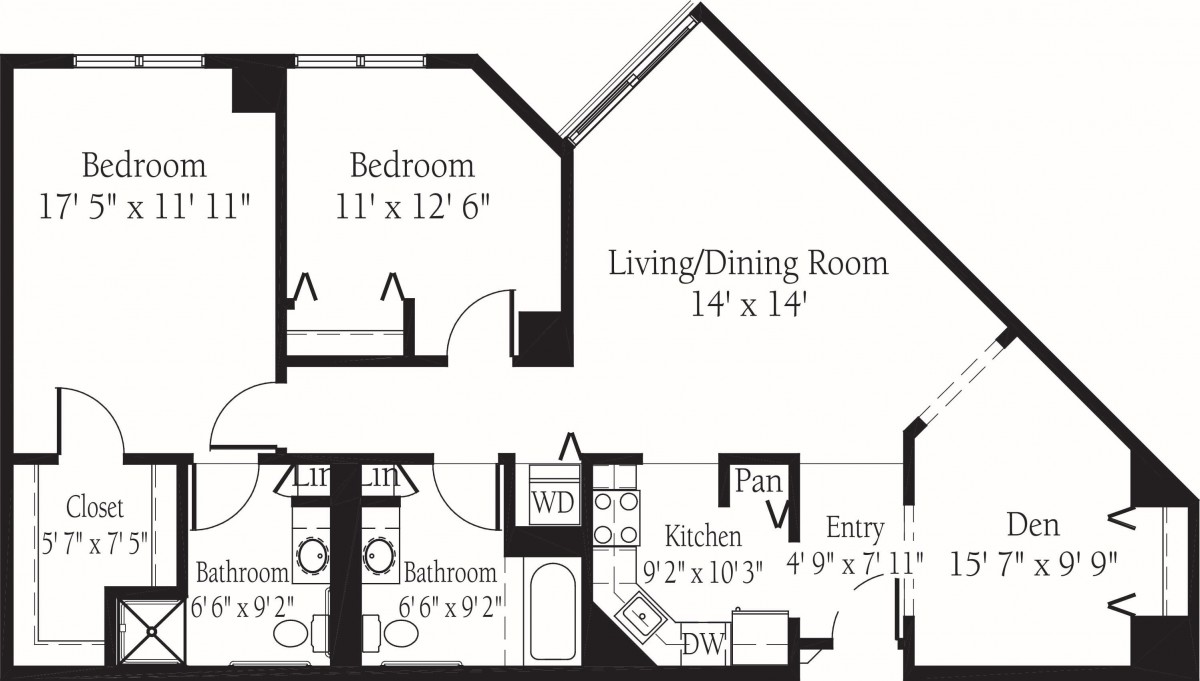 Floor plan of a one-bedroom apartment with living/dining room, kitchen, and two bathrooms.