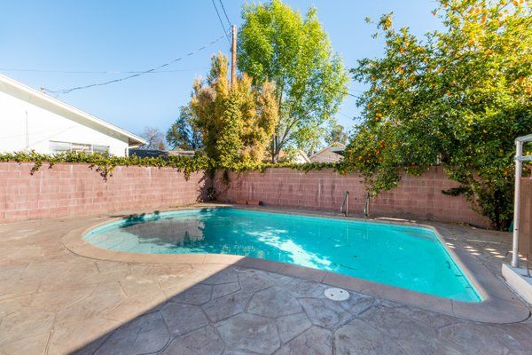 A backyard swimming pool surrounded by a brick wall and trees under a clear blue sky.