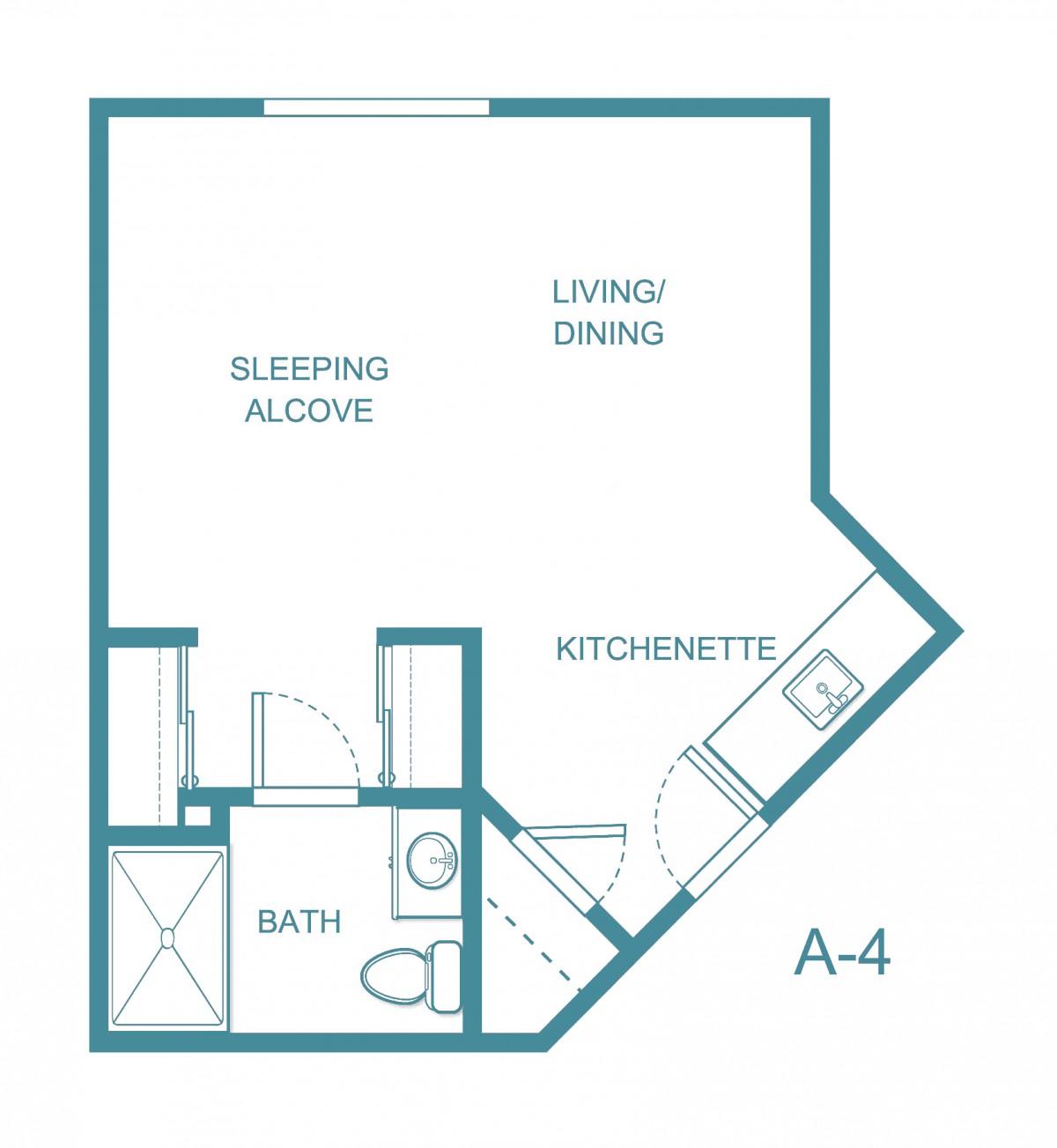 A floor plan of a studio apartment with a sleeping alcove, living/dining area, kitchenette, and bathroom.