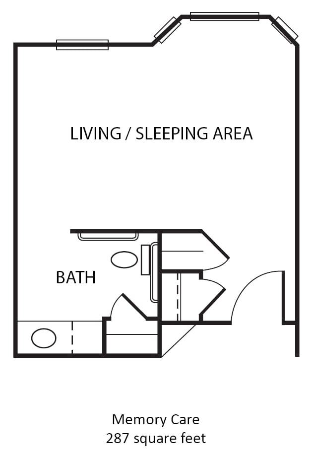 Studio apartment floor plan with living/sleeping area and bathroom.