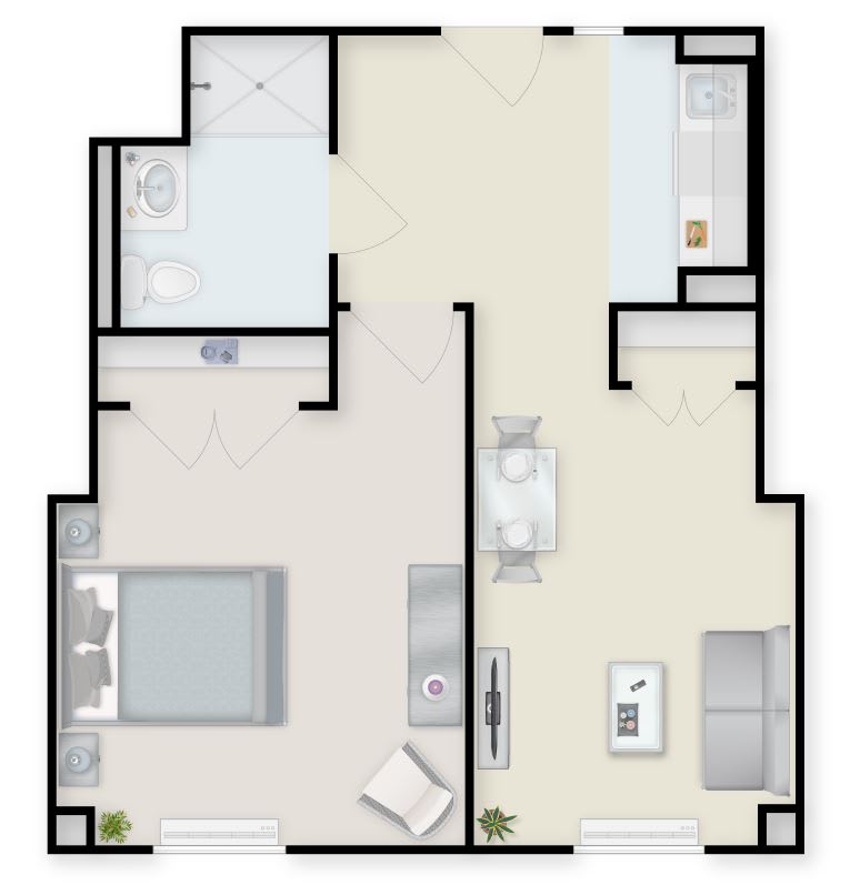 A floor plan showing a one-bedroom apartment with a bathroom, kitchen, and living area.