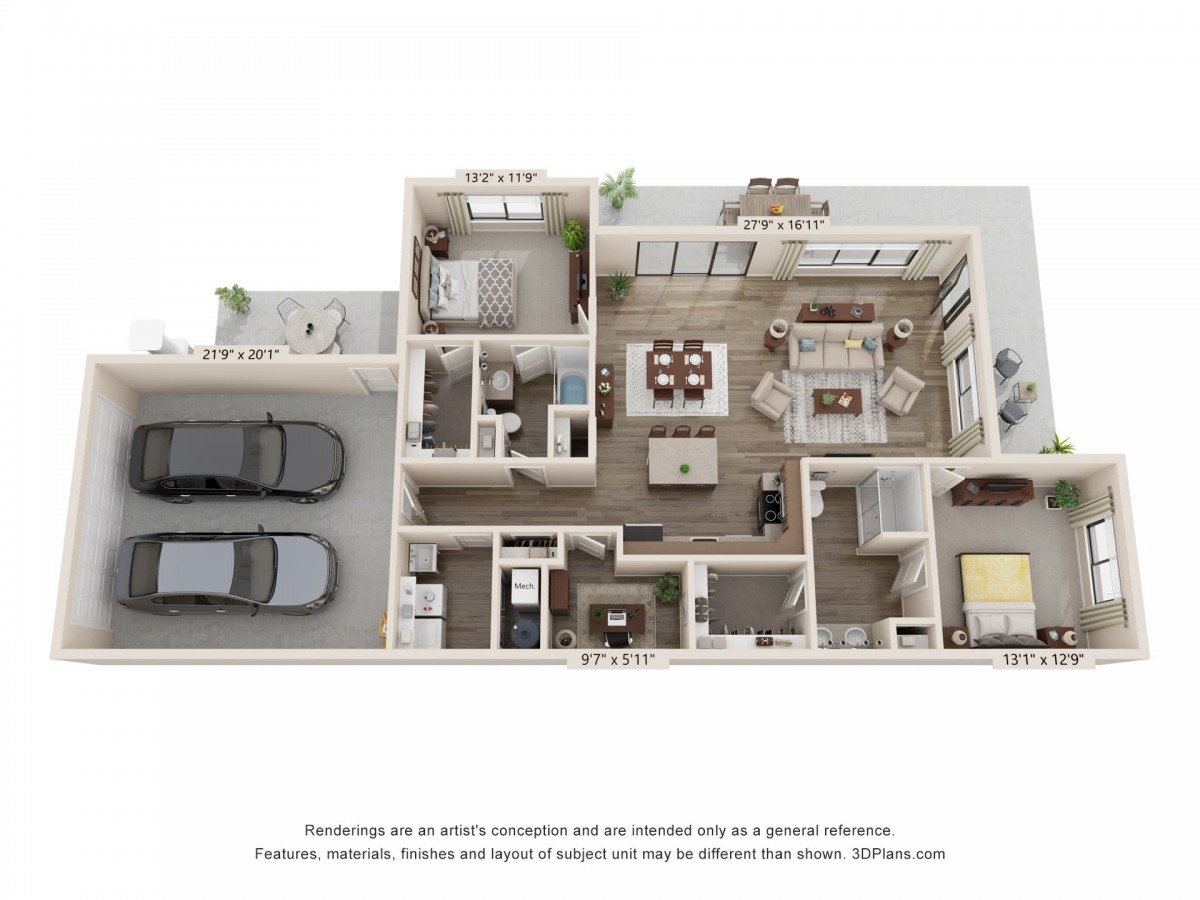 3D floor plan of a residential house featuring multiple rooms and a garage.