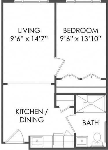 A simple one-bedroom apartment floor plan displaying dimensions for the living room, bedroom, kitchen/dining area, and bathroom.