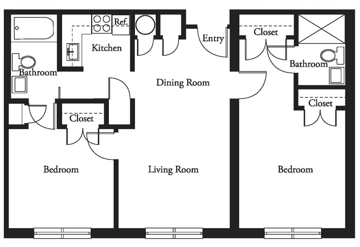 A floor plan of an apartment showing two bedrooms, a kitchen, dining room, living room, and bathrooms.