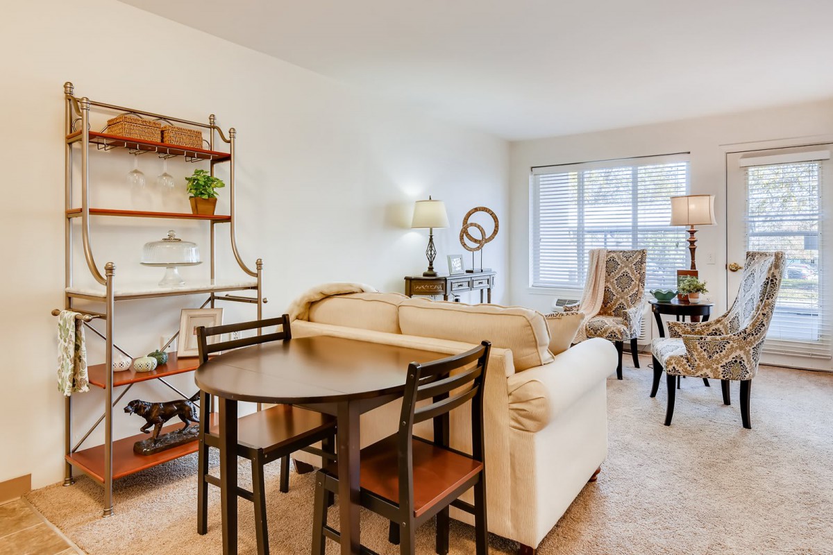 A cozy living and dining area with comfortable sofas, a table with chairs, a bookshelf, and decorative elements.