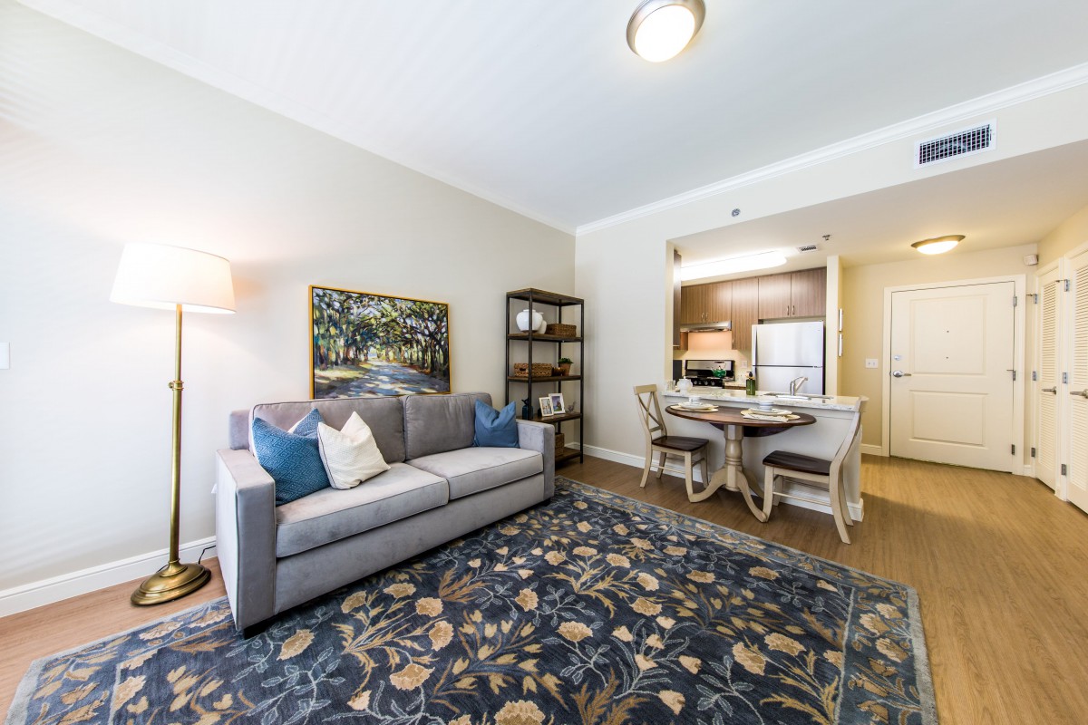A modern living room with a cozy sofa, decorative rug, and adjacent dining area leading to the kitchen.
